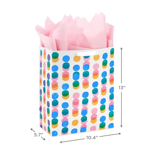Hallmark 13" Large Gift Bag with Pink Tissue Paper (Pink, Yellow, Foil Blue Dots) for Valentine's Day, Birthdays, Mother's...
