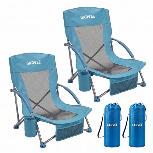 Garvee Low Beach Chair 2 Pack, Folding Portable Beach Chairs for Adults, Lightweight Extra Wide Seat Chair with Cup Holde...