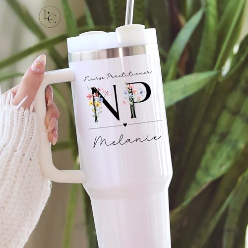 Personalized Nurse Practitioner NP Tumbler with Floral Letters & Custom Name – Stainless Steel Travel Mug – Graduation Gif...