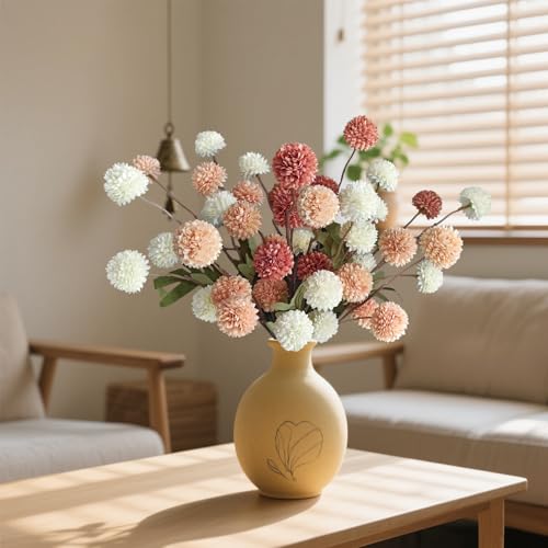 10 Pcs Fake Flowers, Artificial Mums With Long Stems, Faux Pompon Mums Floral Arrangement, 3 Mixed Colors Plastic Flowers ...