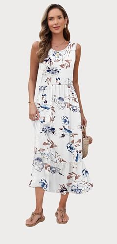 AUSELILY Womens Summer Dresses 2026 Sleeveless Maxi Dress Crewneck Casual Flowy Tiered Sundresses with Pockets