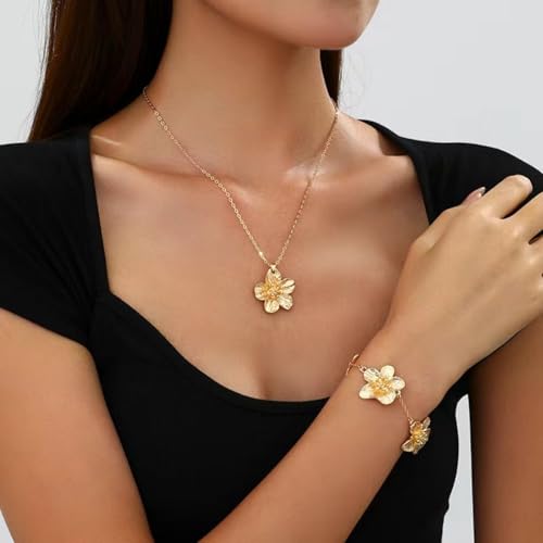 Gold Flower Necklace Bracelet Earrings Set for Women Boho Statement Chunky Big Daisy Flowers Floral Layered Chic Jewelry S...