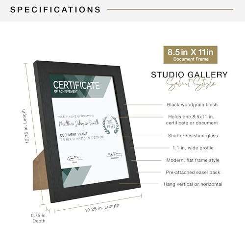 MCS Studio Gallery 8.5x11 Picture Frame Black Woodgrain Engineered Wood, Rectangle Photo Frame for Photos, Posters & Art P...