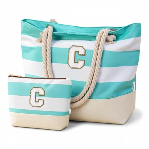 Vavabox Initial Beach Tote Bag for Women, Water-resistant Foldable Travel Beach Bag Set, Birthday Gifts for Women Mom