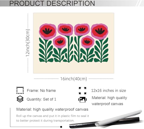 Heltrappe Pink and Green Flower Poster Vintage Nature Abstract Botanical Wall Art Poppies Canvas Prints for Gallery Living...
