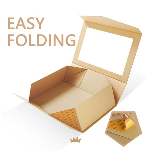 PACKQUEEN Large Kraft Gift Box with Window, 13.5x9x4.1 Inches Clear Gift Box for Present Contains Ribbon, Card, Groomsman ...