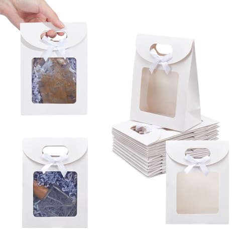 NBEADS 24 Pcs Small White Kraft Paper Bags with Window, 6.3x4.72x2.44inch Stand Up Gift Bag with Handles and Bowknot for C...