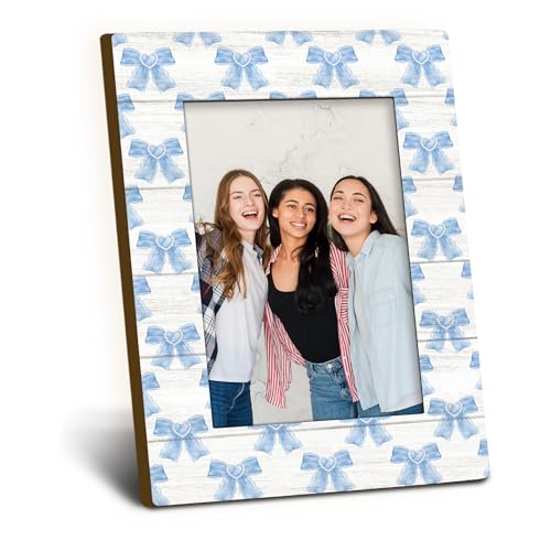 Foyoulame Blue Bow Picture Frame 4x6, Blue Preppy Coquette Bow Decor Wooden Picture Frame, Preppy Girly Gifts for Women Gi...