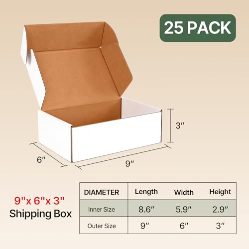Ovlospa 9x6x3 inch Shipping Boxes 25 Pack, White Mailer Corrugated Cardboard Boxes Commerce Packaging Boxes for Storage Bo...