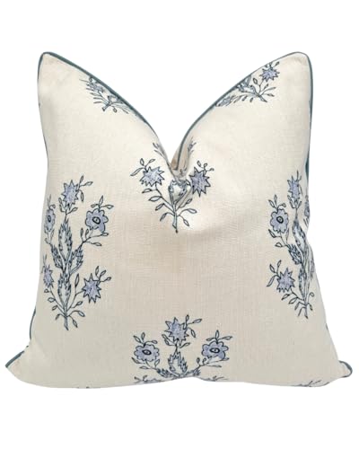 Jillien Harbor “The Mary” Blue and White Decorative Throw Pillow Cover – Floral Block Print Pillow Cover – Grandmillennial...