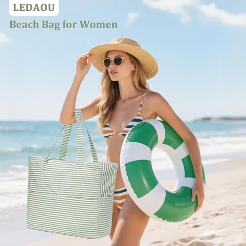 LEDAOU Large Beach Bag Women Waterproof Sandproof Zipper Beach Tote Pool Bag for Swim Gym Grocery Travel with Wet Pocket |...