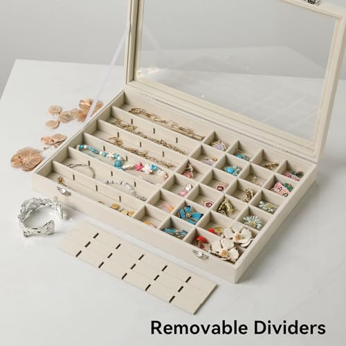 Frebeauty 48 Grid Jewelry Tray,Adjustable Earring Holder Organizer with Glass Lid,Velvet Drawer Jewelry Organizer for Ring...