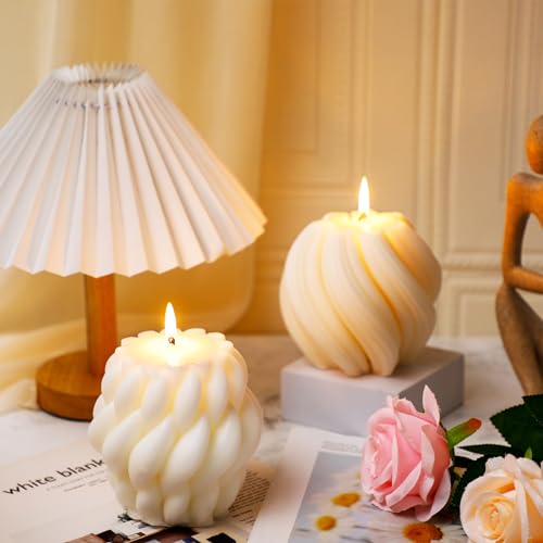 Threlaco 2 Pcs Decorative Pillar Candles Modern Aesthetic Knot Ball Swirl Candles Scented Soy Wax Ribbed Decor for Home Sh...