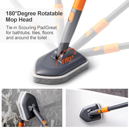CLEANHOME Tile Tub Scrubber Brush with 3 Different Function Cleaning Heads and 56" Extendable Long Handle-No Scratch Showe...