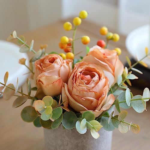 Rosscer Small Artificial Burnt Orange Rose Potted Plant, 6" Fake Silk Flowers in 3" Cylindrical Pot, Mini Faux Floral Arra...