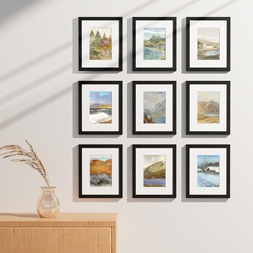 Vittanly 8x10 Picture Frames Set of 9, Shatter Resistant Plexiglass, Display 5x7 Pictures with Mat or 8x10 without Mat, Ph...
