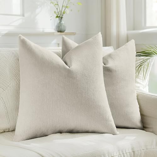 HAUSSY Natural Linen Throw Pillow Covers 18x18 Inch Set of 2,Boho Decorative Faux Linen Throw Pillows Cozy Farmhouse Accen...