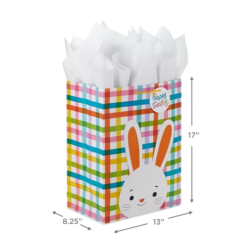 Hallmark 17" Extra Large Easter Gift Bag with Tissue Paper (Bunny Face, Rainbow Plaid) for Kids Presents, Easter Baskets