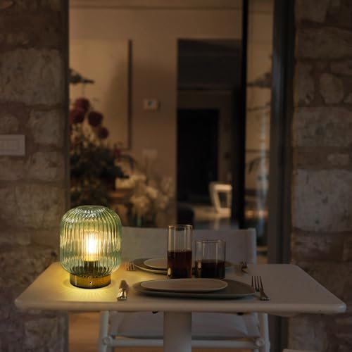 MJ PREMIER Rechargeable Table Lamp, Green Glass Lamp with Memory Function, Small Cordless LED Lamp with Dimmable Brightnes...