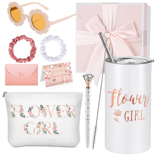 Sieral 9 Pcs Flower Girl Proposal Gifts Set Personalized Flower Girl Tumbler with Straw Bride Gift Box Canvas Bag Sunglass...