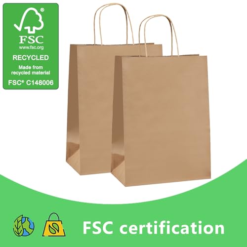 vanhel 100 Pack Brown Paper Bags with Handles,8x4.25x10.5 Inches,Gift Bags Medium Size,Gifts Bag Bulk for Festival,Birthda...