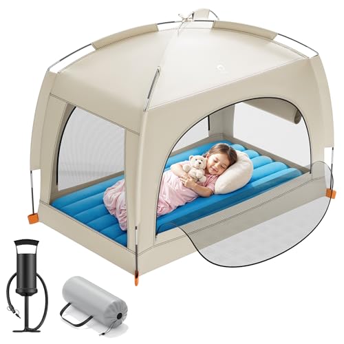 QPAU Inflatable Toddler Travel Bed with Tent – Lightweight Blow Up Kids Air Mattress with Hand Pump – Indoor & Outdoor Por...