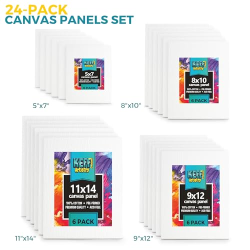 KEFF 24-Pack 𝗣𝗥𝗘𝗠𝗜𝗨𝗠 Canvas for Painting, 6 of 5x7, 8x10, 9x12,11x14 Painting Canvas Boards, Art Supplies for Adult...