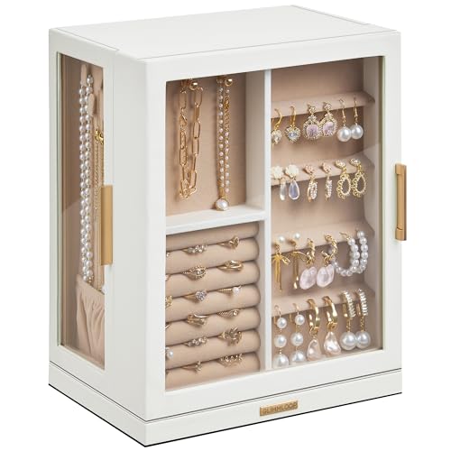 Glimmloop 360° Rotating Jewelry Box with 5 Drawers, Spacious Vertical Jewelry Organizer with Glass Window, Jewelry Storage...