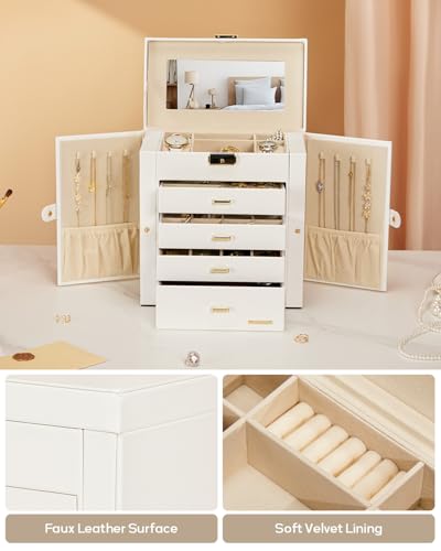 Homde Synthetic Leather Huge Jewelry Box Mirrored Watch Organizer Necklace Ring Earring Storage Lockable Gift Case (White...