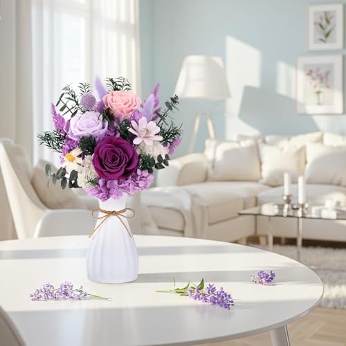 Flowers for Delivery Prime Preserved Flowers Bouquet with Vase That Last 3-5 Years Real Forever Flowers Purple Rose Bouque...