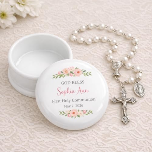 Personalization Universe Pink Porcelain Personalized Floral First Communion Jewelry Box - Customizable with Name, Date & M...