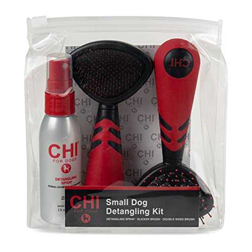 CHI for Dogs Small Dog Detangling Kit, 3-Piece Grooming Set with Detangling Spray, Slicker Brush, and Double-Sided Pin-an...