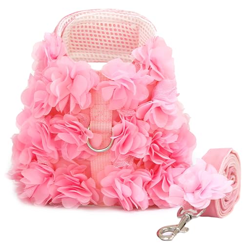 TENGZHI Cute Small Dog Harness and Leash Set Pink Lace Floral Girl Puppy Harness for Small Dogs Cats Soft Mesh Dog Vest Ha...