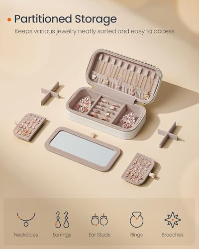 SONGMICS HOME Travel Jewelry Case, Travel Jewelry Box Organizer with Mirror, 4.1 x 8 x 2.4 Inches, Stitching, Portable, Gi...