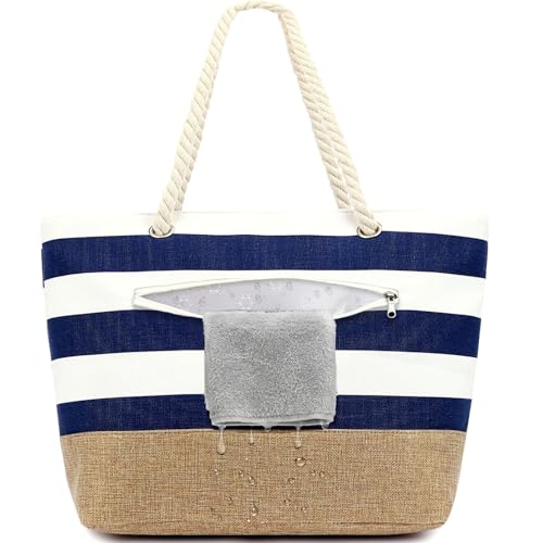 Fammart Beach Bags Waterproof Sandproof for Women, Large Canvas Pool Bag with Leakproof Wet Pocket & Zipper Cruise Essentials