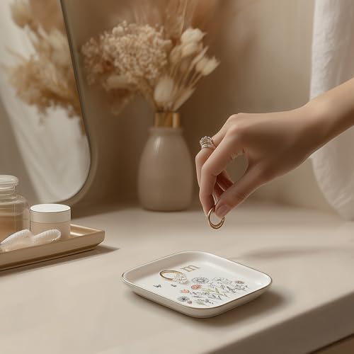 Gifts for Women – Initial Ring Dish with Floral Initial Design, Gift Boxed – Perfect Birthday Gifts for Mom, Girls, Best F...