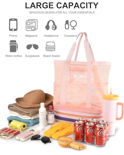 Genteen Beach Bag for Women, Mesh Tote Bags with Zipper, Sandproof Vacation Essentials with Cooler for Swim Cruise Pool