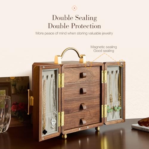 Black Walnut Jewelry Organizer, Wooden Jewelry Box with Gold Handle & Mirrored Flowers, 4 Layers of Storage | Perfect for ...