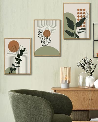 PHOPAGO Boho Plant Wall Art Green Botanical Bohemain Framed Wall Printing 11x14in Abstract Canvas Prints with Leaf & Sun L...