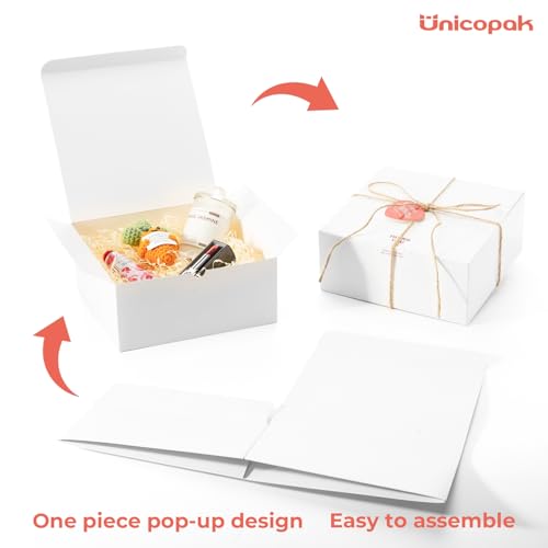 UnicoPak 6 Pack 8x8x3.5 White Gift Boxes Bulk, Gift Boxes with Lids for Presents for Birthday Wedding Bridesmaid Proposal ...