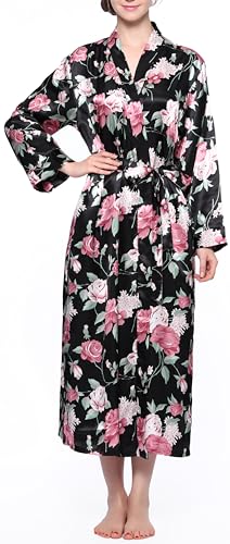 Lavenderi Women's Satin Kimono Robe - Long Classic Satin Lounge Bathrobe