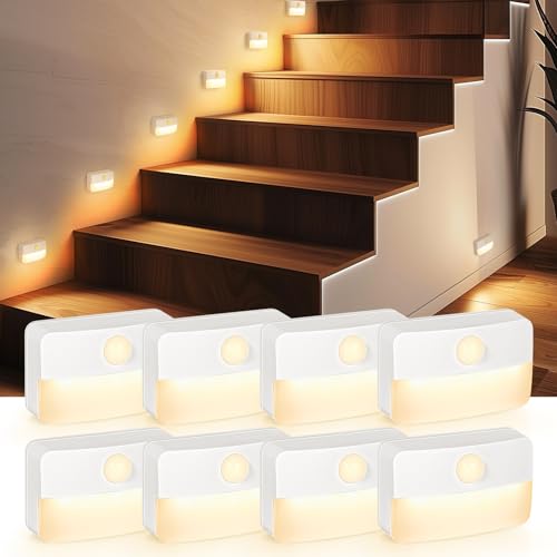 Guankai 8 Pack Motion Sensor Stair Light for Indoor, Battery Operated Closet Lights, Wireless Stick on Anywhere Hallway La...