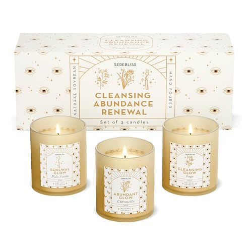 Serebliss Candle Set - 3 Pack Soy Wax Aromatherapy Scented Candles for Energy Cleansing, Manifestation, Palo Santo, Sage, ...