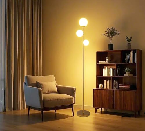 Fiqevs 3 Globe Floor Lamp Mid Century Modern, Gold Standing Lamp with Frosted Glass Shade & LED Bulbs, Tall Pole Light wit...