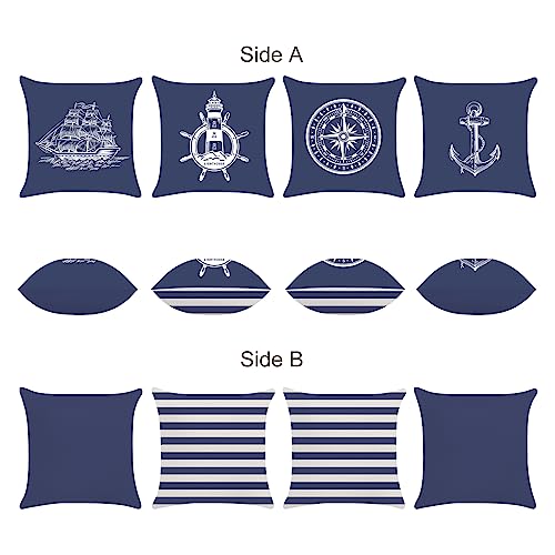 Bonhause Nautical Navy Blue Pillow Covers 18x18 Set of 4 Anchor Lighthouse Sailboat Compass Decorative Pillow Cases Linen ...