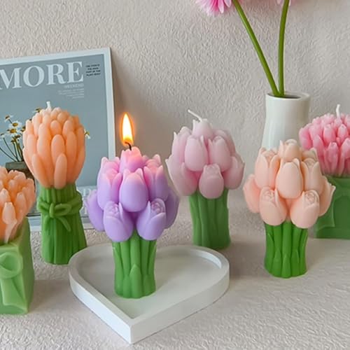 Tulip Flower Bouquet Scented Healing Candle,94G Handmade Long Burning Soy Wax Aroma Decorative Candle for Table Photo Prop...