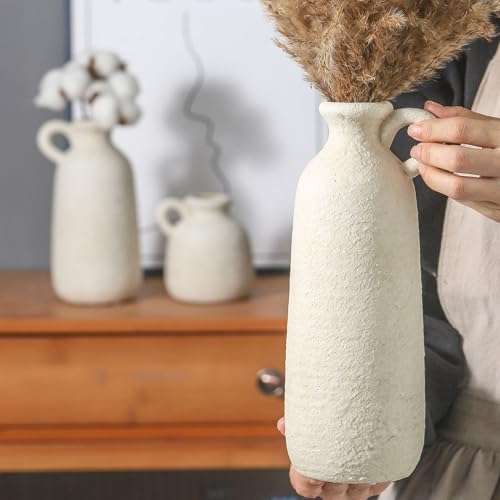 Ceramic Vase Set of 3 with Handle, Neutral Rustic Vases Home Decor Farmhouse Decorative Vase Whitewashed Pottery Decor Mod...