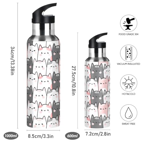 Cute Cats Kittens Water Bottle Kids Insulated Girls Boys Stainless Steel Hot Cold Water Flask with Straw Lid for Sports Gy...
