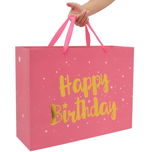 Qirrmiy 16.5” Extra Large Pink Happy Birthday Gift Bag Set with Handles, Greeting Card, Tissue Papers and Stickers for Wom...