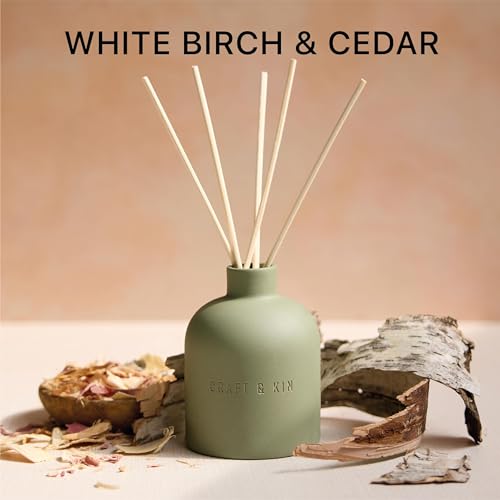 Craft & Kin Reed Diffuser for Home & Bathroom – White Birch & Cedar Holiday Reed Diffuser Set with Fragrance Sticks, Long-...